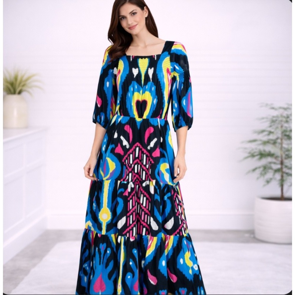 Sheridan French Isabel Maxi Dress‎ Small Blue Heart Ikat Smocked Tiered Cotton